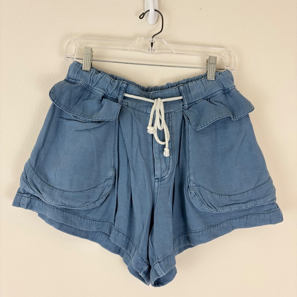 Free People Off Shore Blue Cotton Linen Blend Utility Cargo Shorts Womens Small